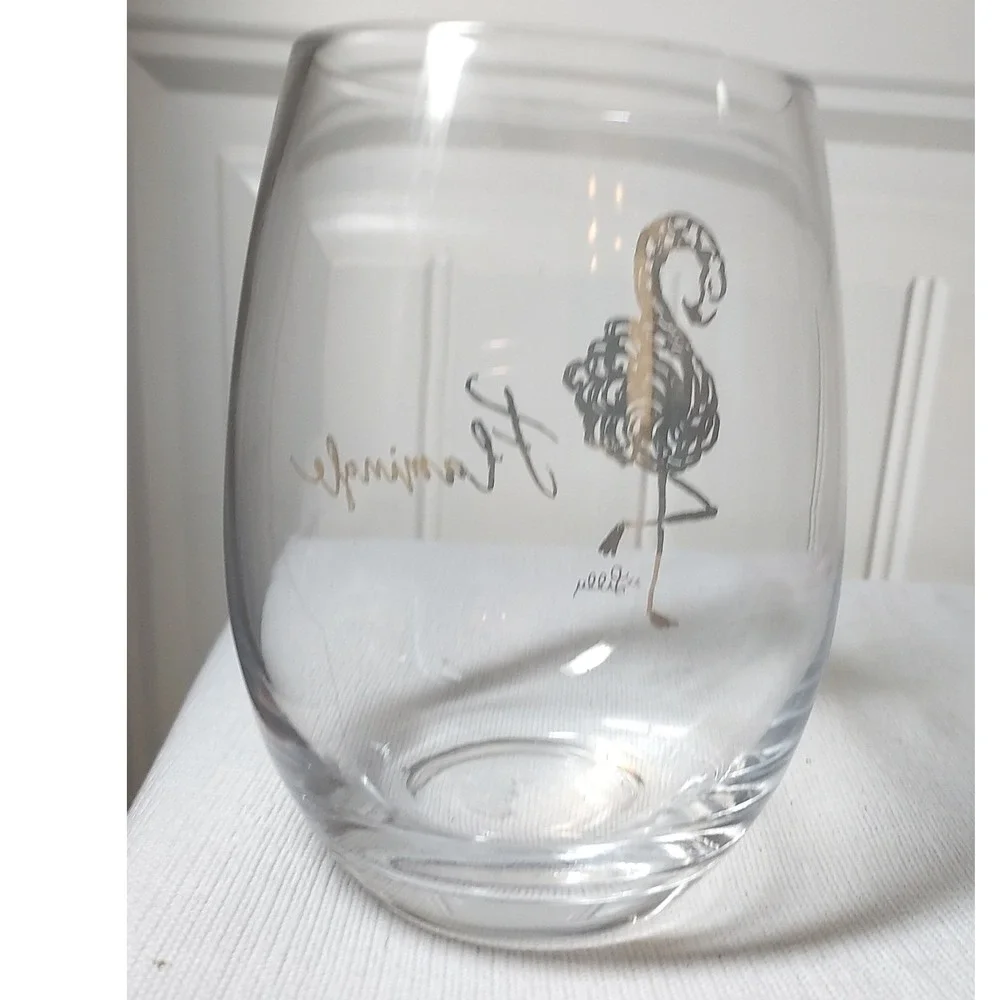 Lilly‎ Pulitzer Stemless Wine Glass Clear Gold Flamingo Flamingle Barware 4.5in